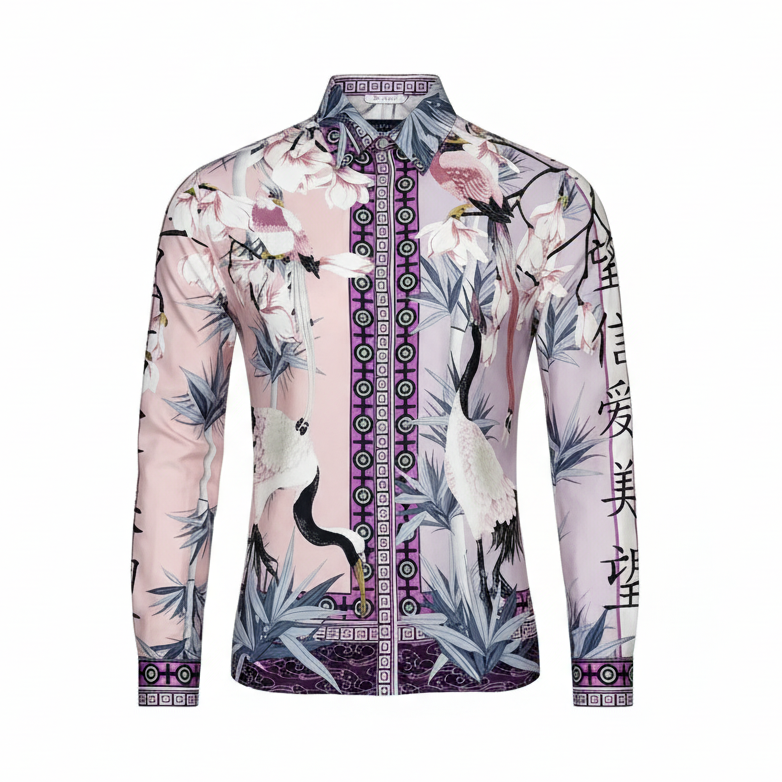 Colorful floral and geometric patterned shirt on a white background