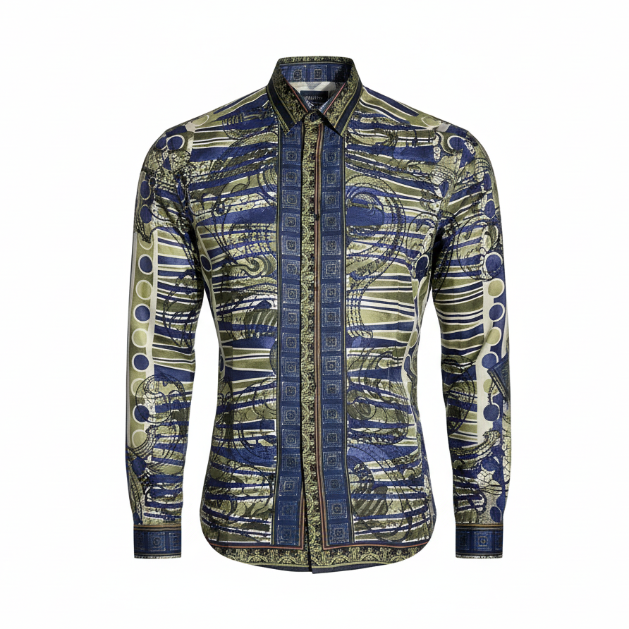 Patterned shirt with blue and green design on a white background