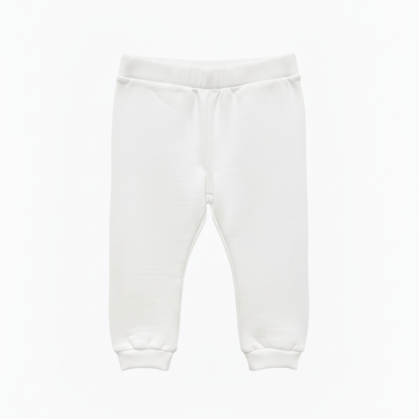 White sweatpants with Balmain logo stripes on a white background