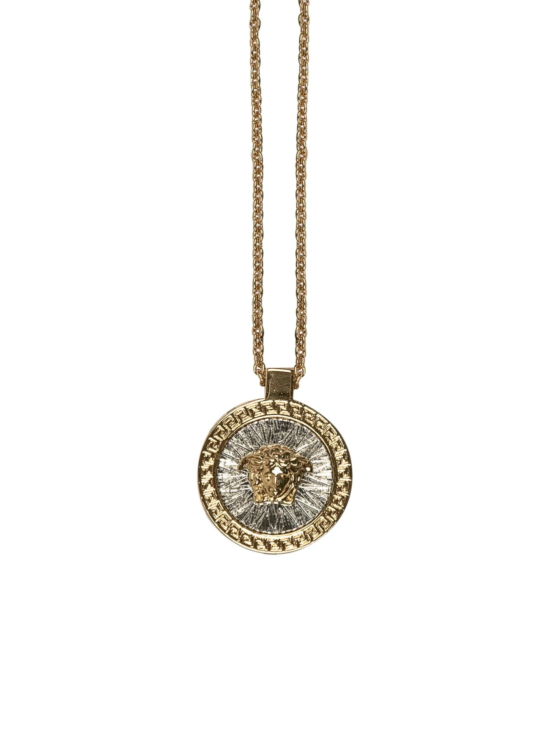 Versace Gold Palladium Medusa Pendant Necklace with an adjustable chain and Medusa-embossed pendant, available at Lestyle Boutique.
