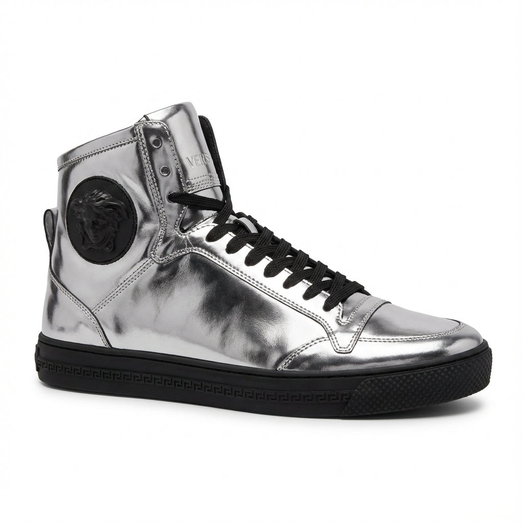 VERSACE HIGH-TOP SNEAKERS featuring metallic finish available at Lestyle Boutique Melbourne