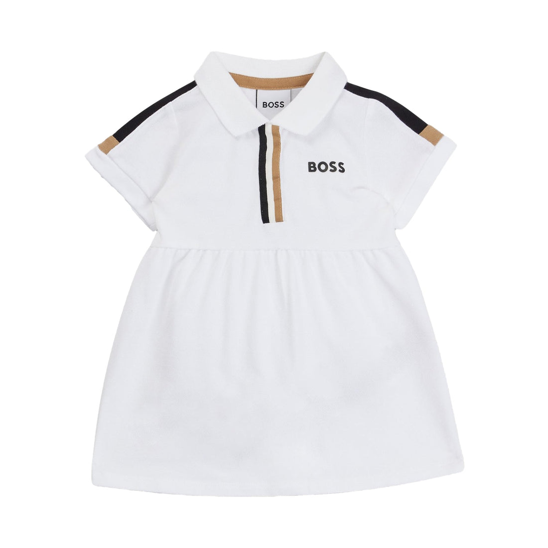 Elegant BOSS kids dress in white stretch-cotton piqué featuring a stylish collar with contrast stripe accents. This premium piece is designed for comfort and style, showcasing a regular fit that flatters young wearers. The buttoned placket adds a touch of sophistication, making it perfect for casual outings or special occasions. Crafted with high-quality materials, this dress ensures durability and ease of care, ideal for active children. Available at Lestyle Boutique Melbourne.