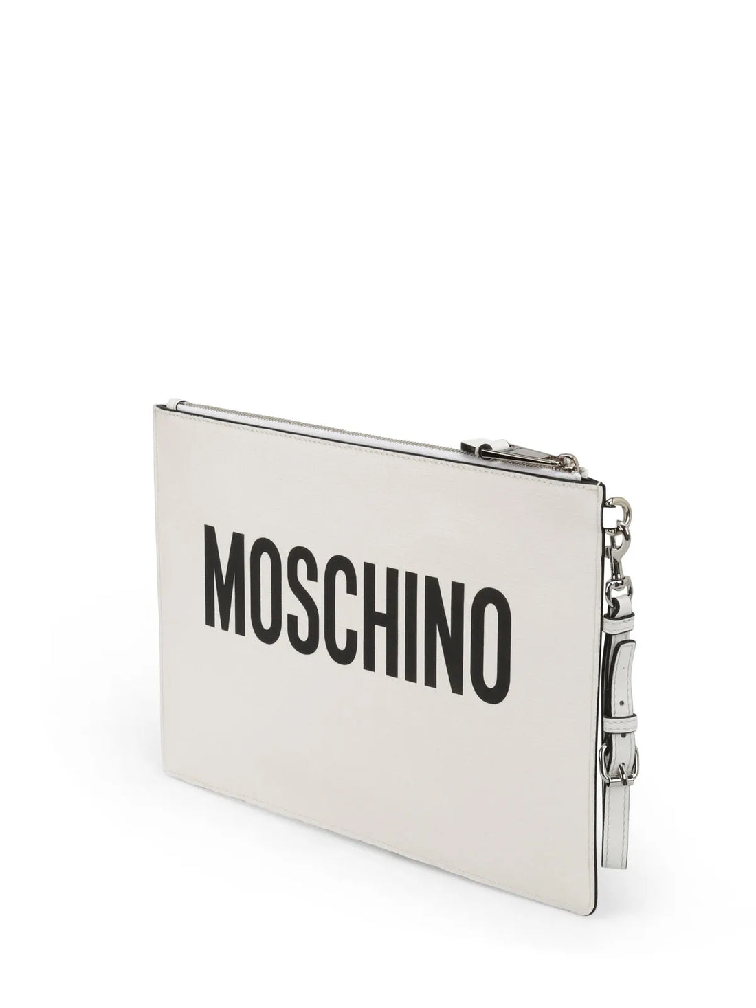 Moschino white polyurethane clutch featuring the 'This Is Not A Moschino Toy' Teddy Bear print, top zip closure, and detachable wristlet, available at Lestyle Boutique 136 Little Collins St.