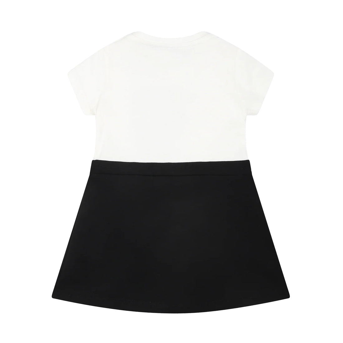 The Versace Black Dress for Baby Girl from Lestyle Boutique in a stylish white and black colour combination, featuring a cotton jersey top, flared Milano stitch skirt, and iconic Versace and Medusa logos on the front.