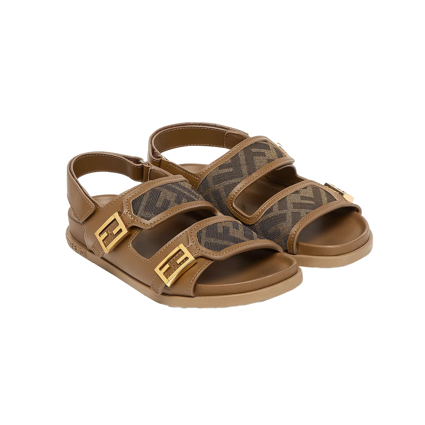 Fendi Junior Sandals in tobacco brown with iconic FF logo and gold-tone buckles, available at Lestyle Boutique Melbourne.