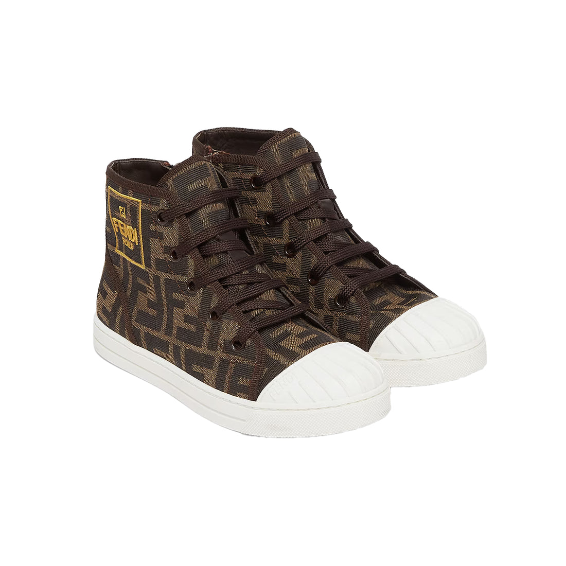 Fendi Junior high-top sneakers in tobacco FF jacquard fabric with Fendi Roma patch, available at Lestyle Boutique Melbourne.
