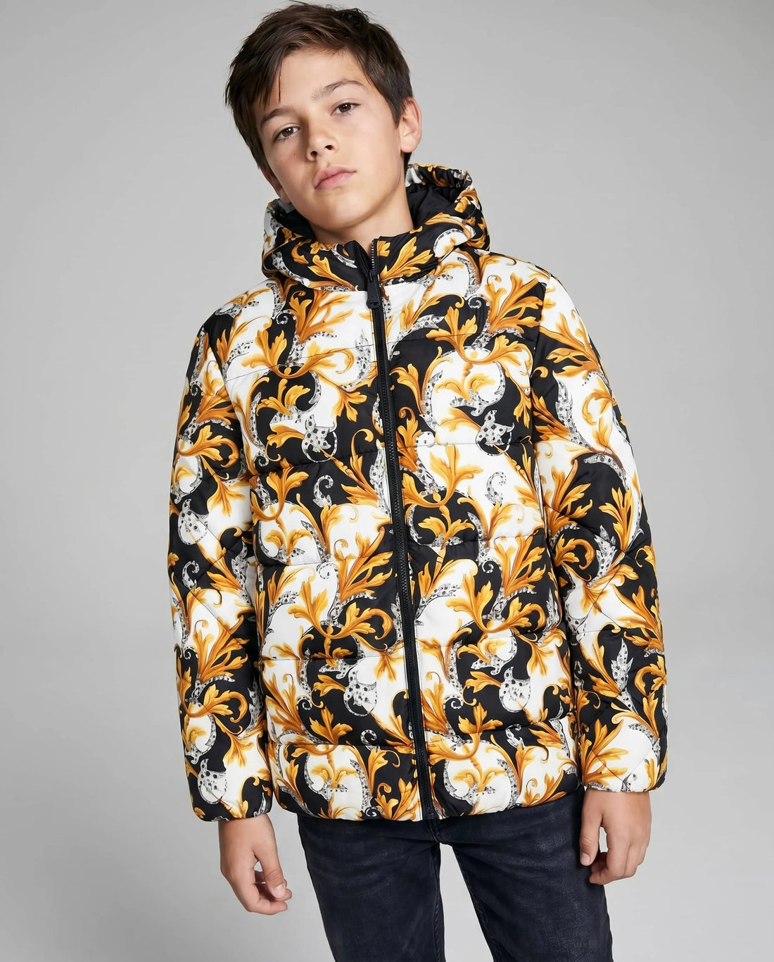 Versace puffer jacket featuring ornate baroque print available at Lestyle Boutique Melbourne