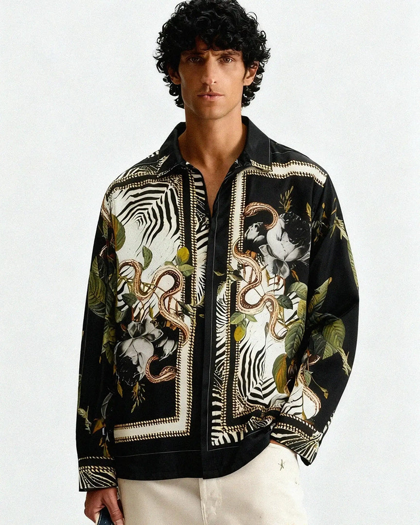Roberto Cavalli Zebra and Snake Print Silk Shirt featuring bold animal prints, available at Lestyle Boutique Melbourne