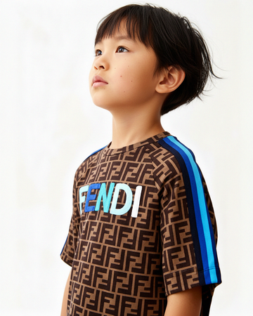 Child wearing a brown Fendi shirt with blue stripes on a white background