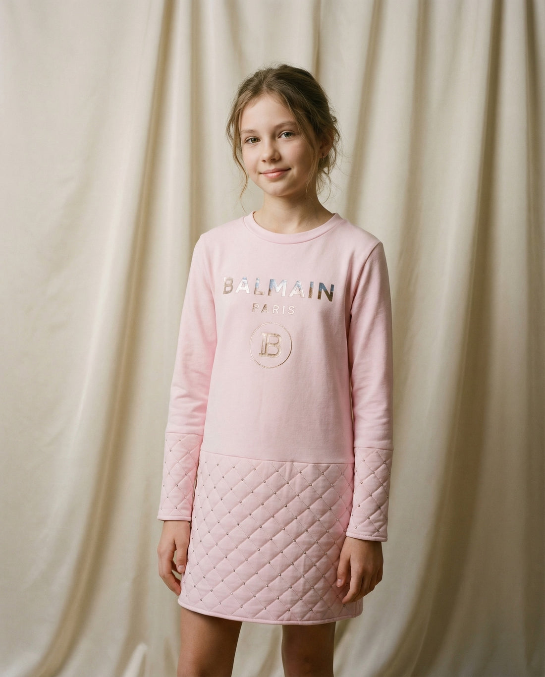 BALMAIN DRESS featuring quilted panels and metallic logo available at Lestyle Boutique Melbourne