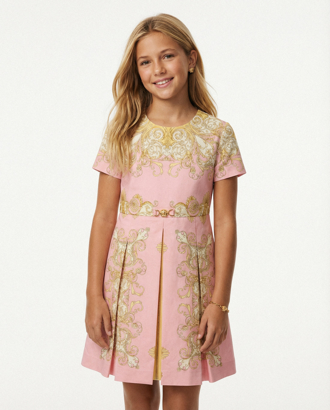 Versace printed dress for kids featuring ornate gold patterns available at Lestyle Boutique Melbourne