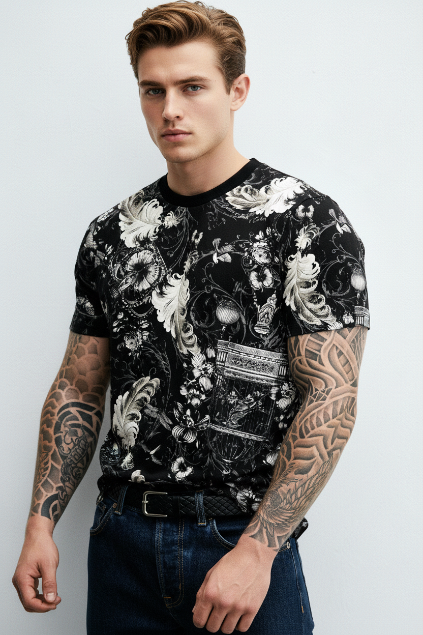 VERSACE JEANS COUTURE T-SHIRT featuring baroque-print feather design available at Lestyle Boutique Melbourne