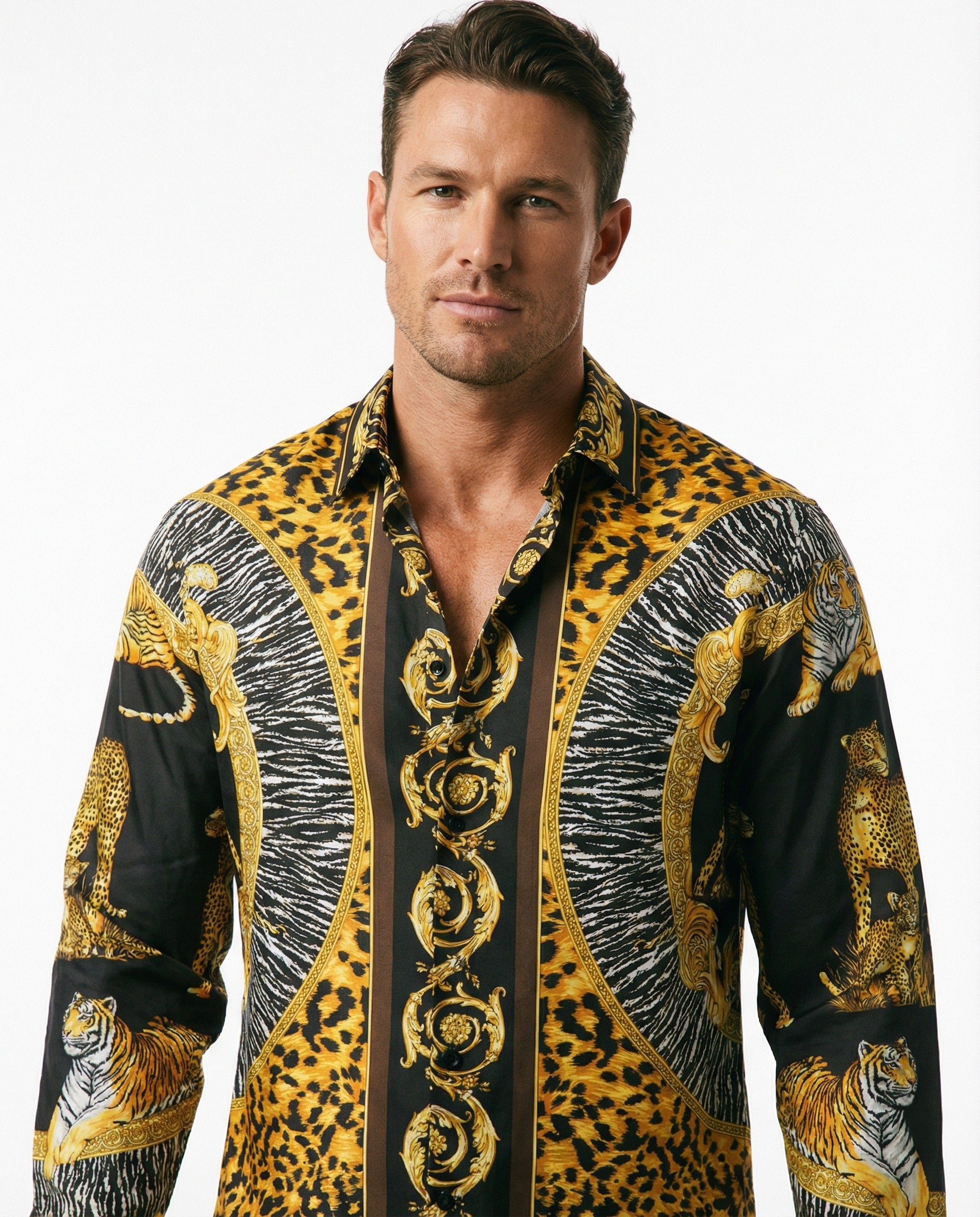 Man wearing a Versace patterned shirt with animal designs on a white background