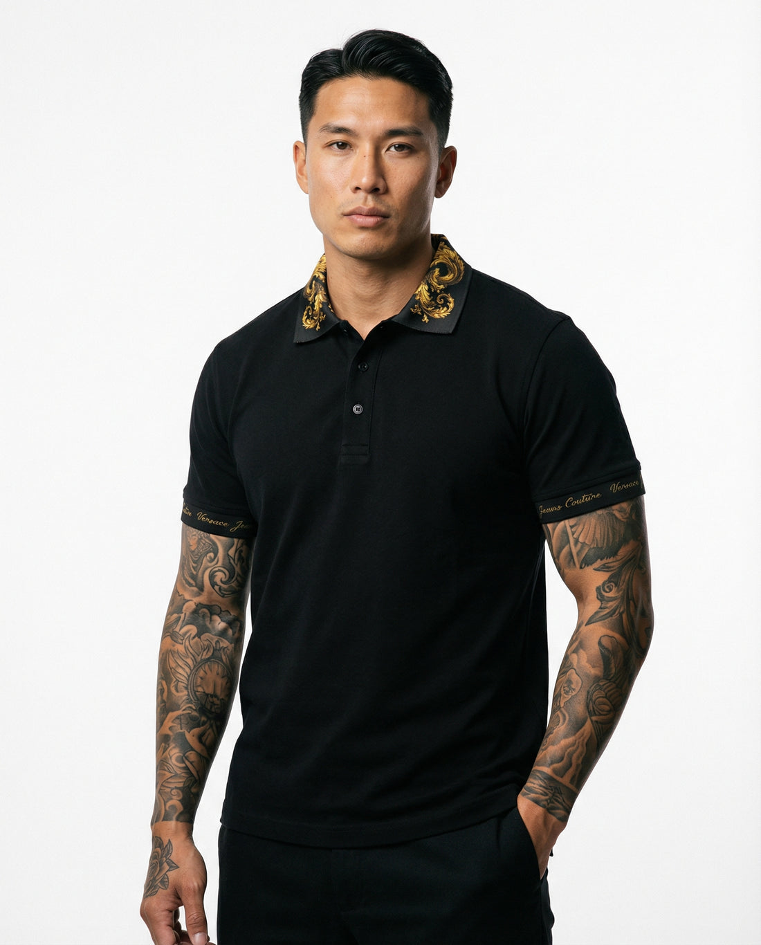 Versace Jeans Couture men's polo featuring baroque print details available at Lestyle Boutique Melbourne