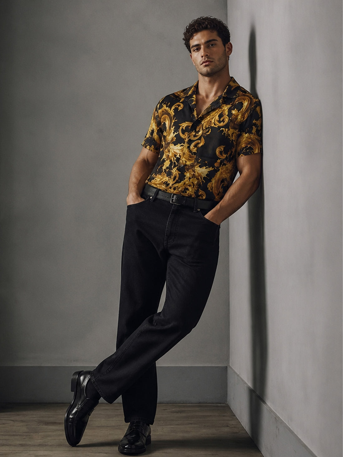 Versace Jeans Couture shirt featuring bold yellow and black baroque pattern available at Lestyle Boutique Melbourne