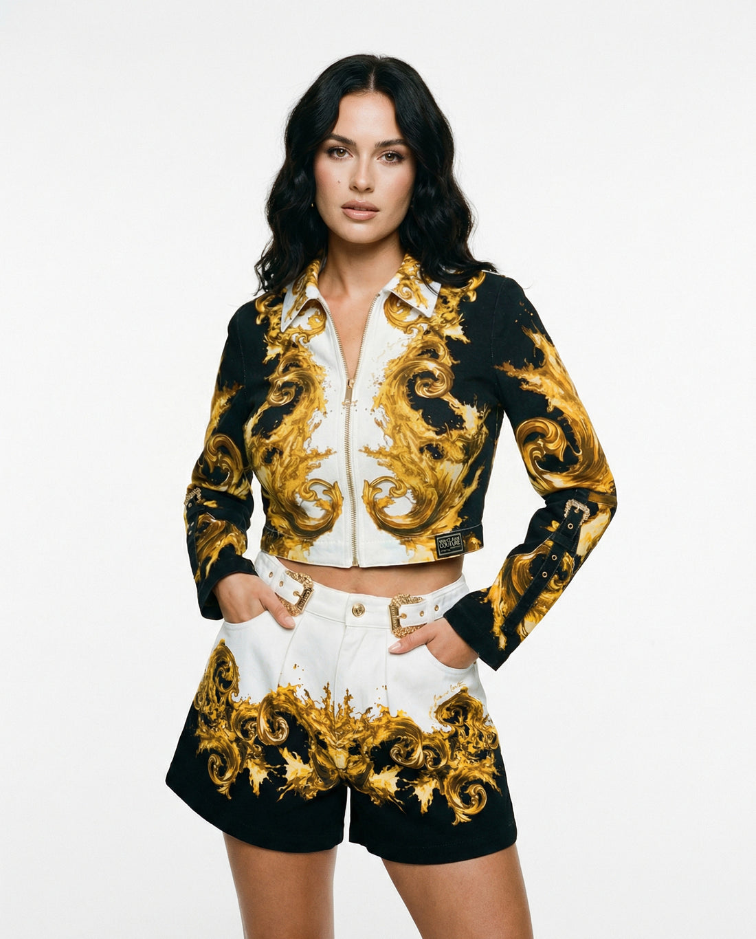 Versace Jeans Couture shorts featuring ornate gold baroque design available at Lestyle Boutique Melbourne