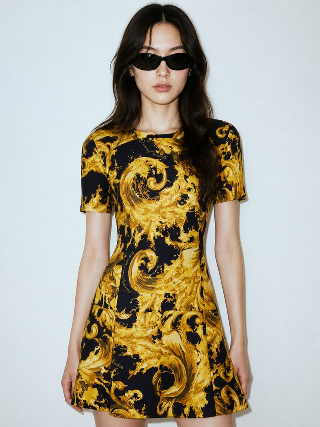 Versace Jeans Couture dress featuring bold yellow and black baroque pattern available at Lestyle Boutique Melbourne
