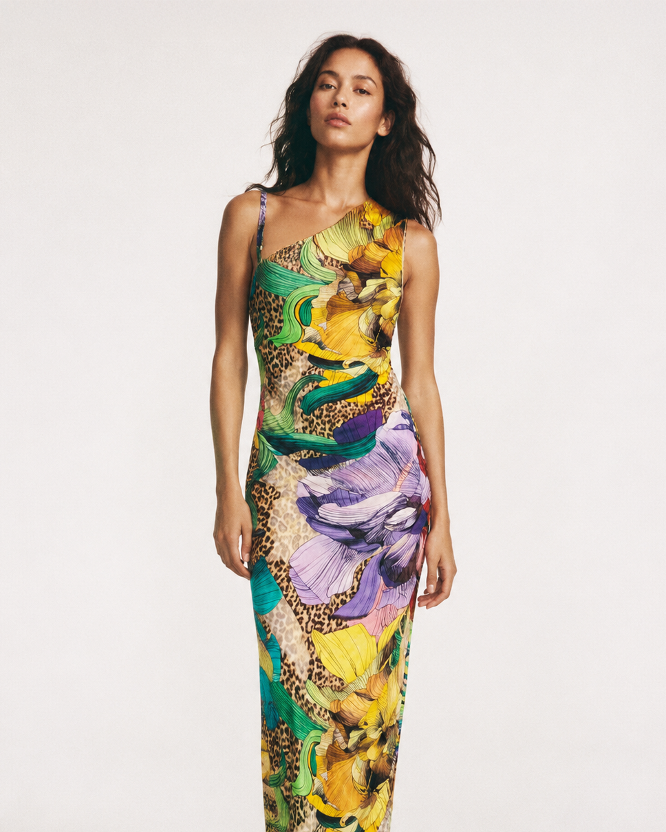 JUST CAVALLI dress featuring vibrant floral and animal print available at Lestyle Boutique Melbourne