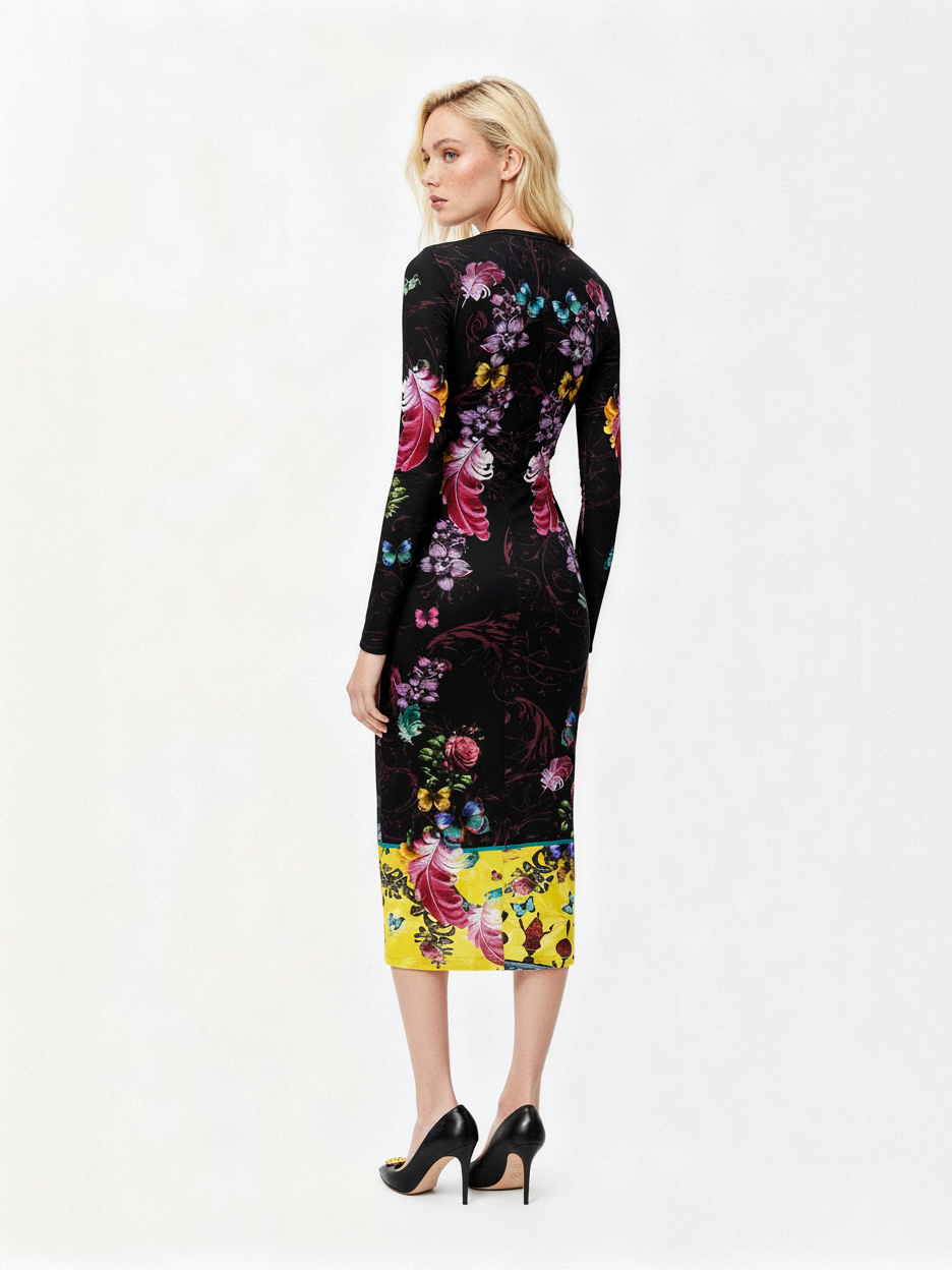 Versace Jeans Couture midi dress featuring floral-butterfly print available at Lestyle Boutique Melbourne
