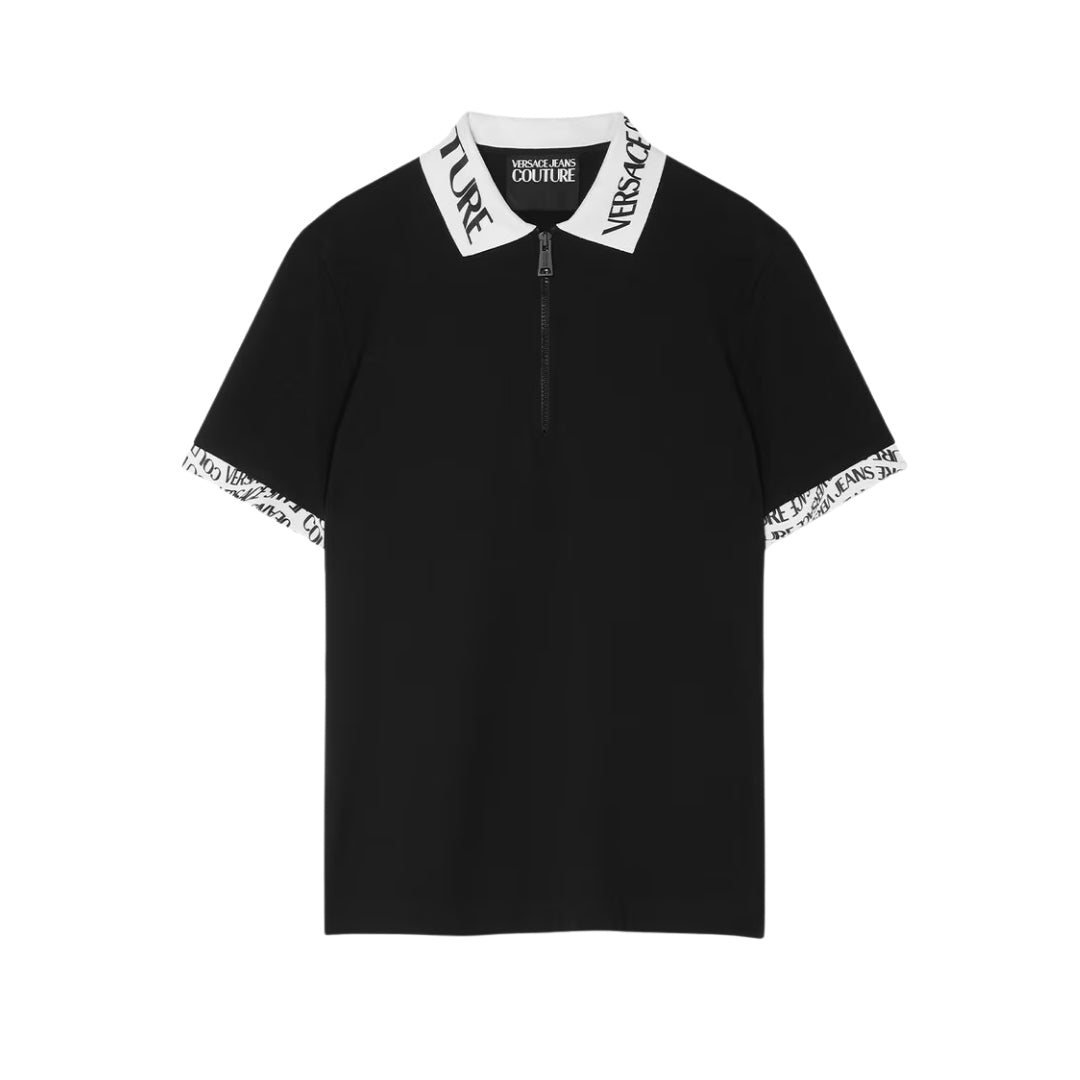 Versace Jeans Couture slim-fit black polo shirt in cotton piqué with Liquify Institutional logo motif on white collar and cuffs, featuring short sleeves and a zippered placket, available at Lestyle Boutique 136 Little Collins St.
