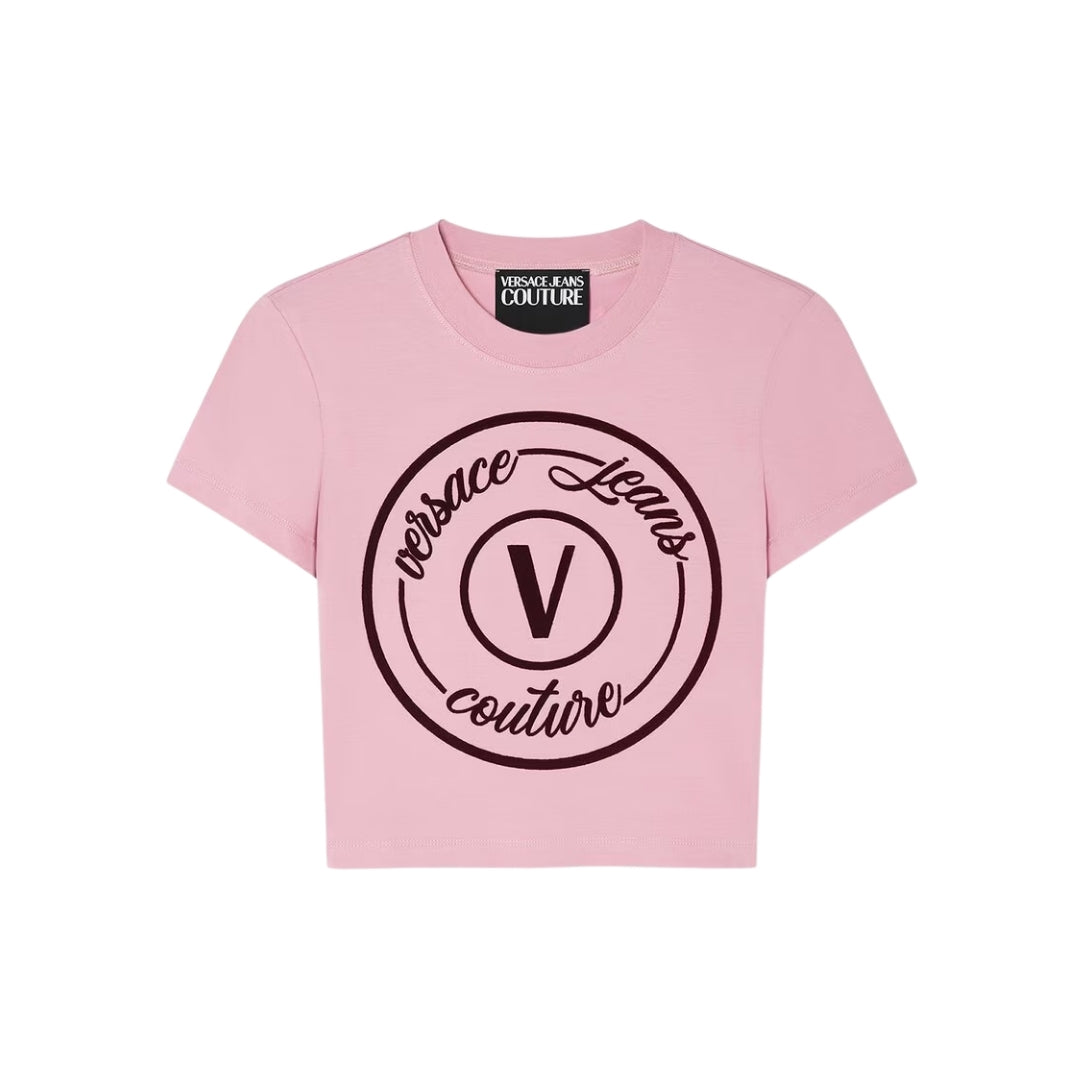 Versace Jeans Couture slim-fit pink cotton T-shirt with velvet V-Emblem logo motif, short sleeves and crewneck, available at Lestyle Boutique 136 Little Collins St.
