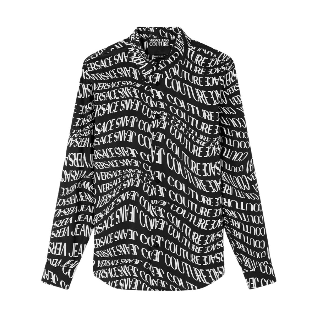 Versace Jeans Couture long-sleeved black cotton shirt with all-over white Liquify Logomania print, pointed collar, and buttoned cuffs, available at Lestyle Boutique 136 Little Collins St.
