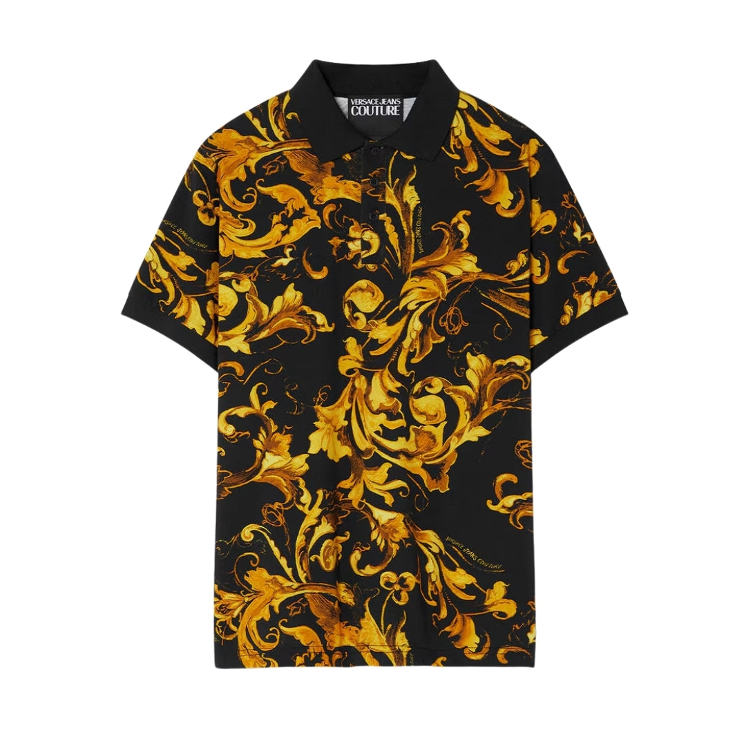 Versace Jeans Couture short-sleeved black and gold slim-fit polo shirt with all-over Porcelain Barocco print and three-button placket in cotton piqué, available at Lestyle Boutique 136 Little Collins St.
