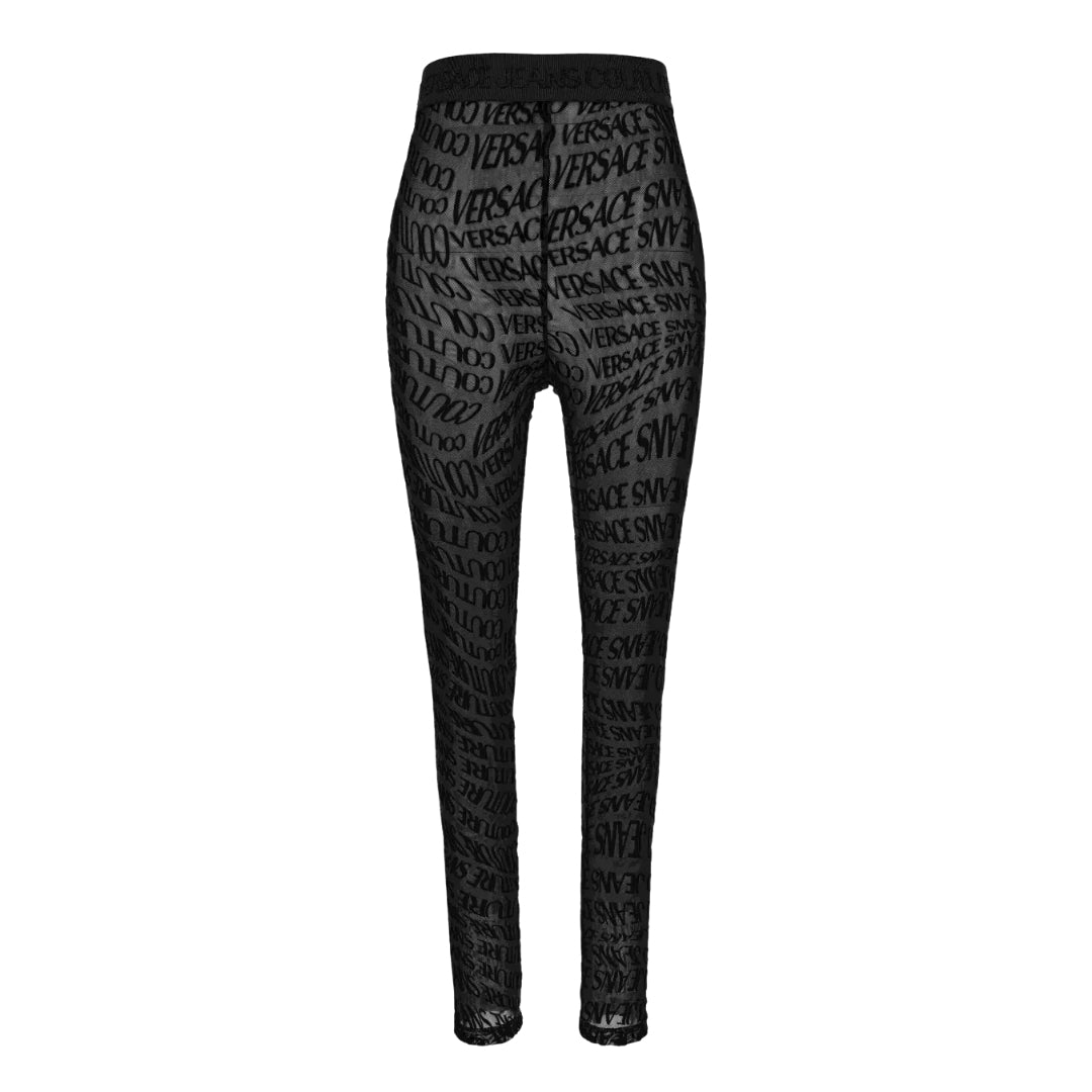 Versace Jeans Couture black leggings with all-over tonal velvet-flocked monogram motif, high waist and logo-embossed waistband, available at Lestyle Boutique 136 Little Collins St.