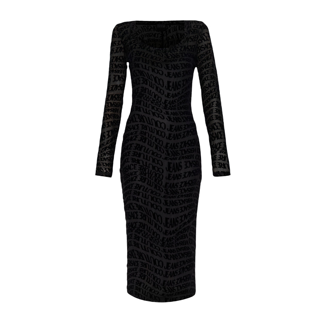 Versace Jeans Couture black midi dress in sheer mesh with all-over velvet monogram, featuring long fitted sleeves and a subtly rounded neckline, available at Lestyle Boutique 136 Little Collins St.
