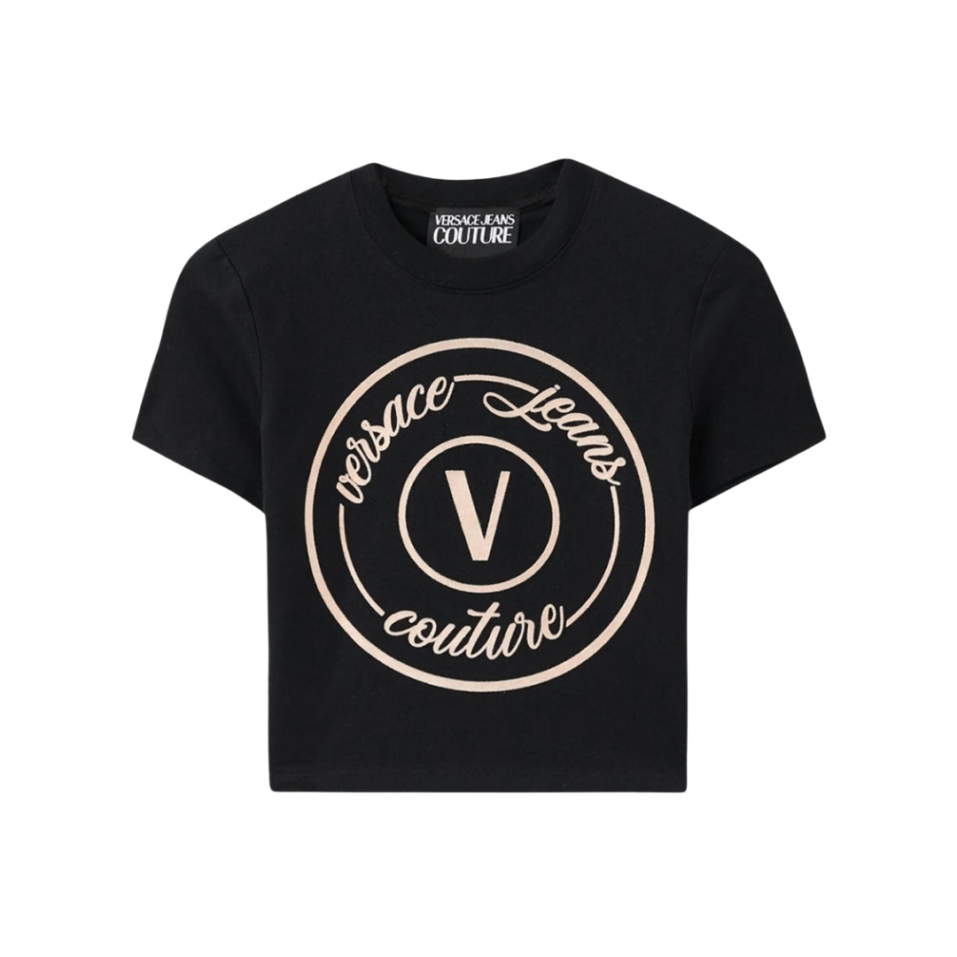 Versace Jeans Couture slim-fit black cotton T-shirt with velvet V-Emblem logo motif, short sleeves and crewneck, available at Lestyle Boutique 136 Little Collins St.
