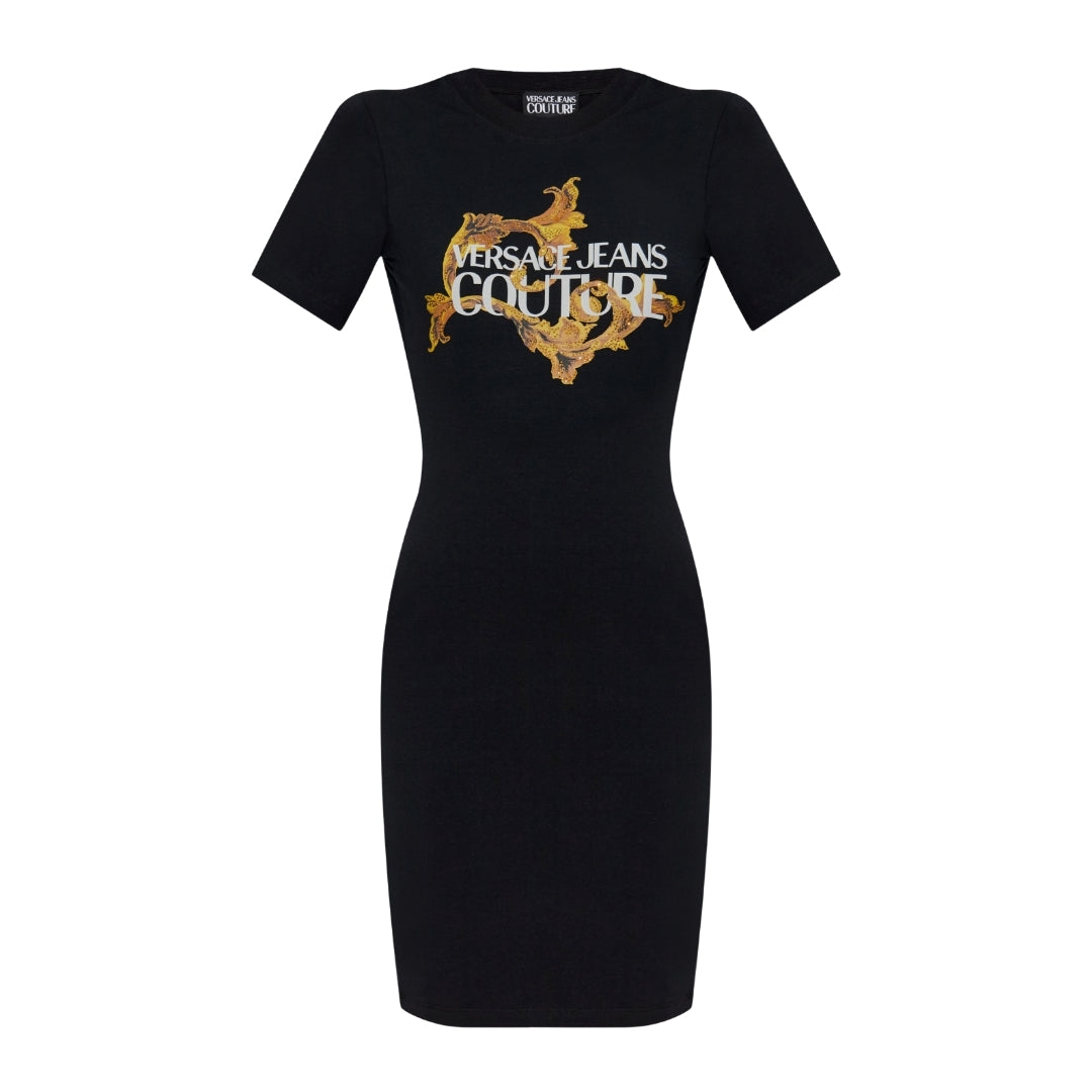 Black mini dress by Versace Jeans Couture featuring a gold baroque-style print with shimmering appliqués, short sleeves, and a round neckline in a velvety-smooth stretch fabric, available at Lestyle Boutique 136 Little Collins St.
