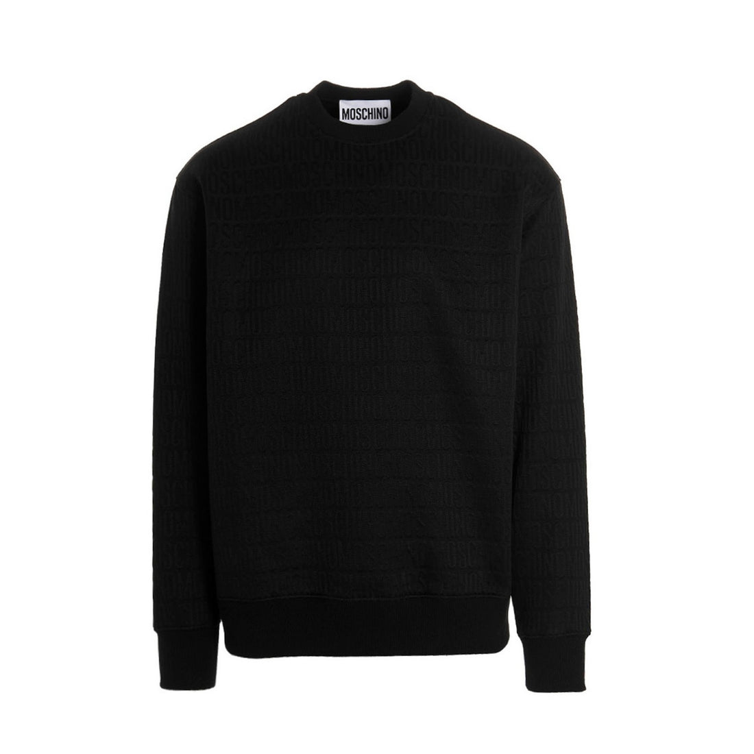 Moschino black crewneck sweatshirt with all-over embossed monogram logo and ribbed trims in cotton blend, available at Lestyle Boutique 136 Little Collins St.
