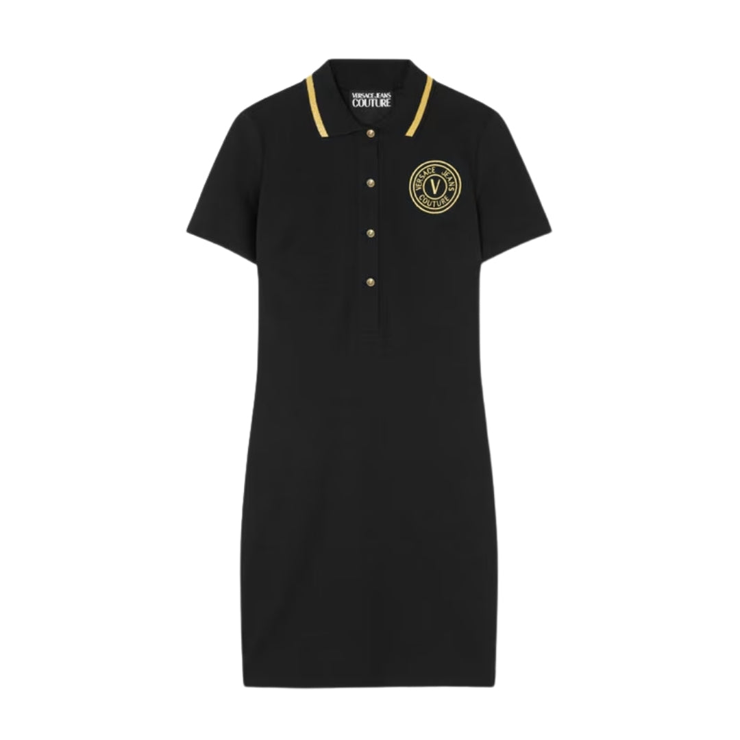 VERSACE V-Emblem Midi Polo Dress with embroidered emblem and gold striped collar available at Lestyle Boutique Melbourne