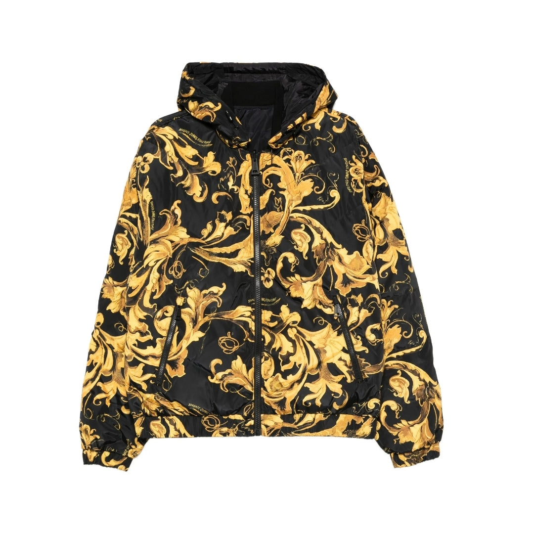 Versace Jeans Couture hooded jacket in black with gold-tone baroque print, zip front fastening, printed logo on the back, and two side pockets, made of polyester with duck down filling, available at Lestyle Boutique 136 Little Collins St.
