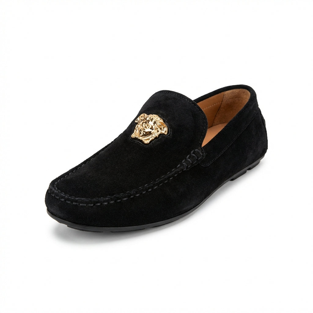 Versace loafers featuring gold lion emblem available at Lestyle Boutique Melbourne
