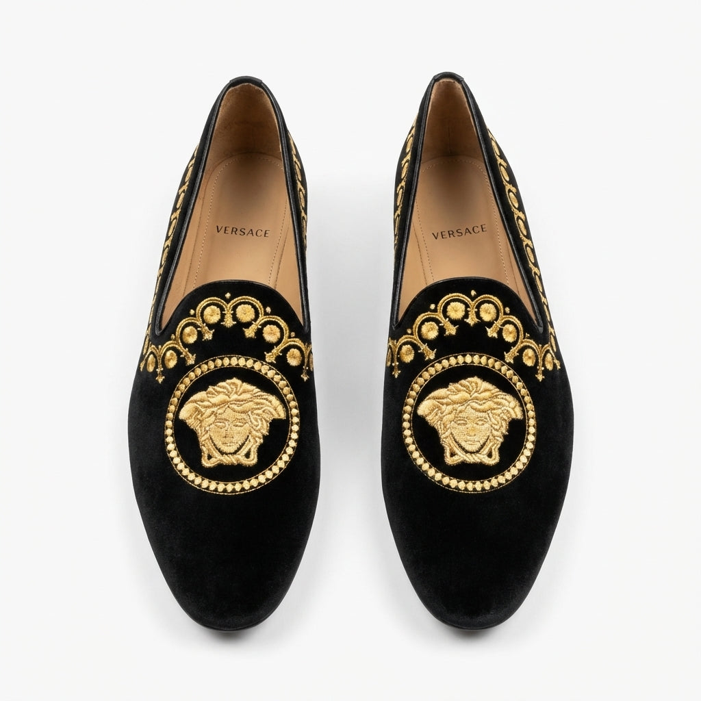 Versace loafers featuring gold embroidery available at Lestyle Boutique Melbourne