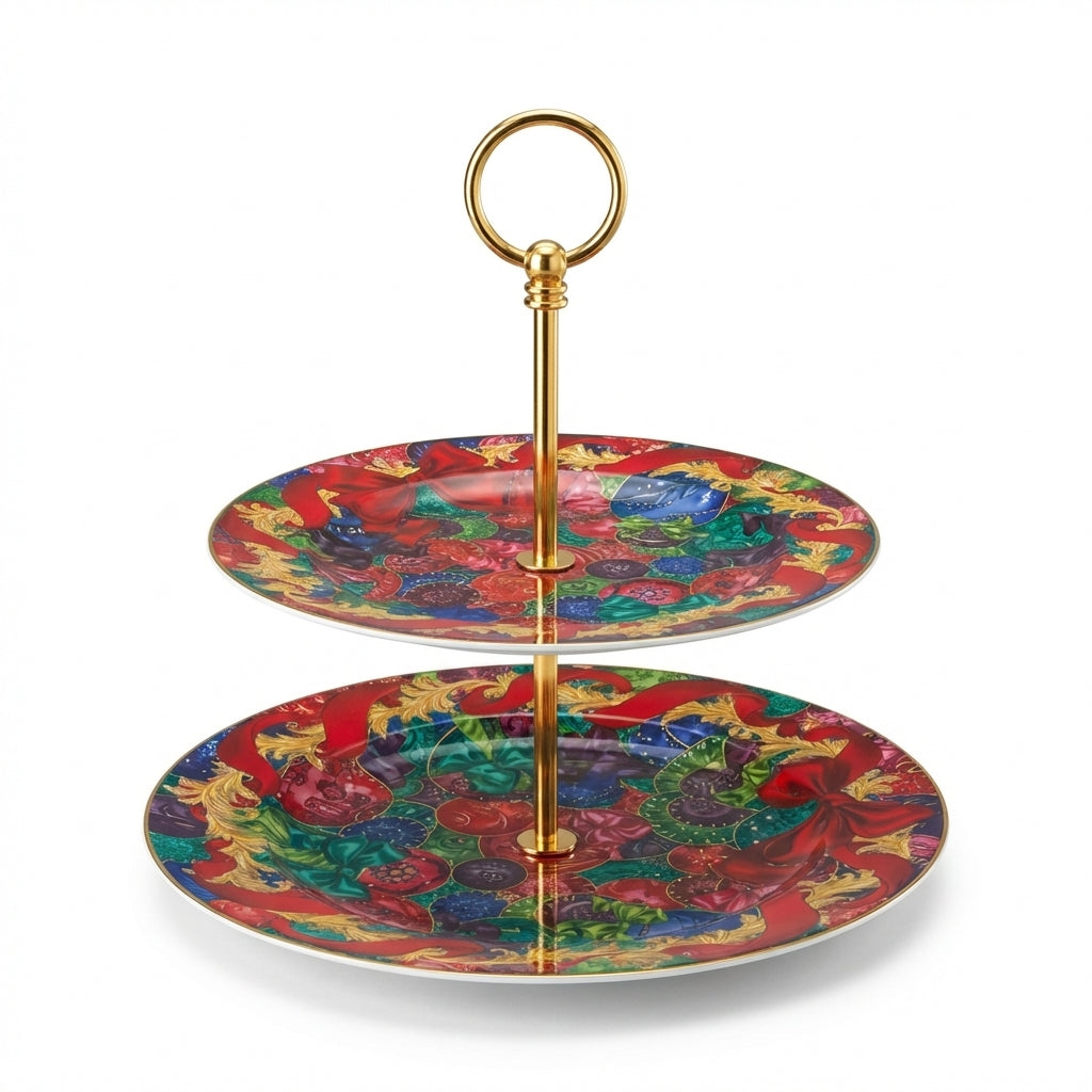 Versace two-tier serving stand featuring colorful fruit and floral design available at Lestyle Boutique Melbourne