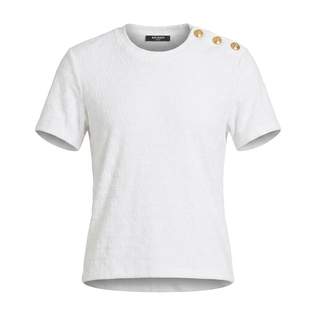 Balmain T-shirt featuring gold buttons available at Lestyle Boutique Melbourne