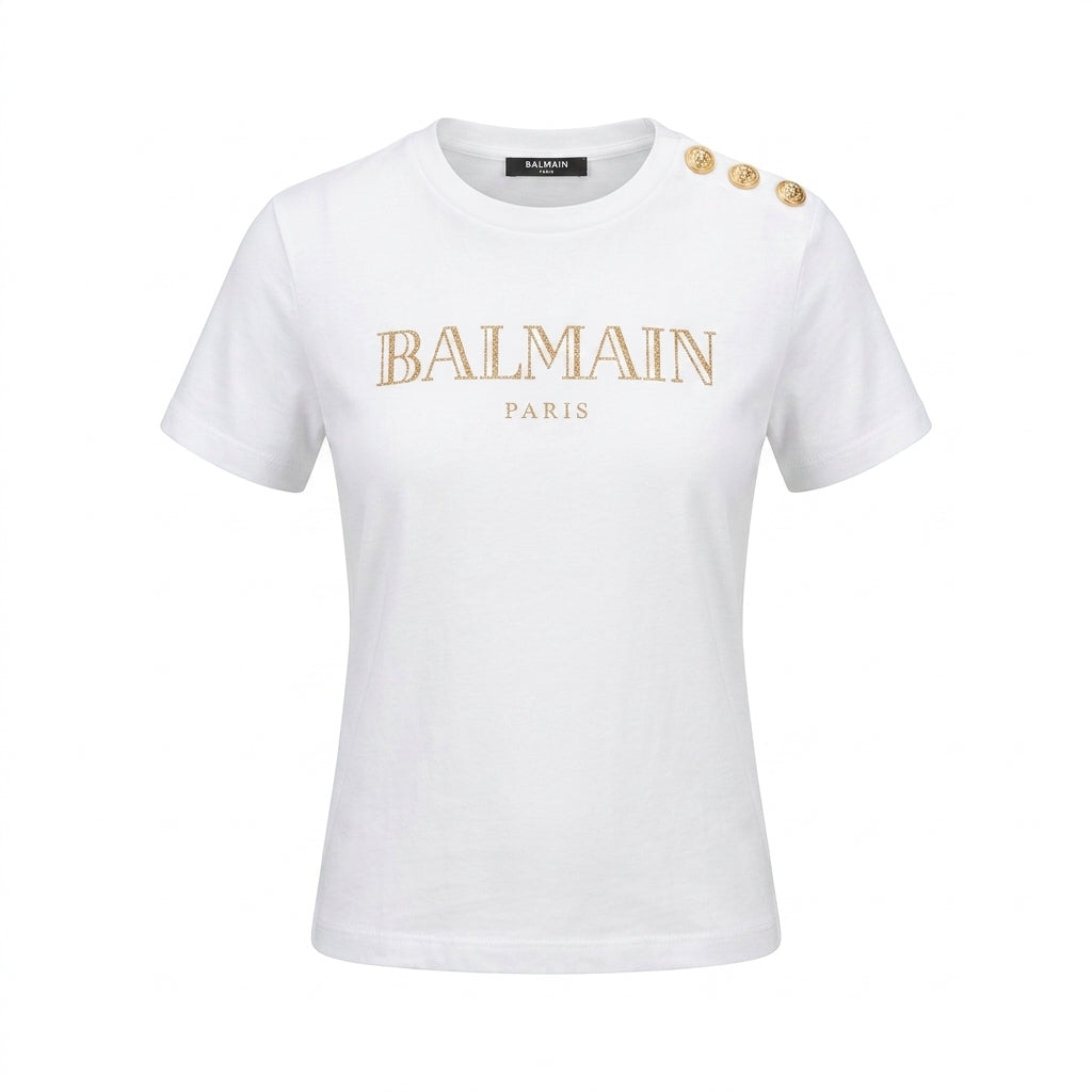 Balmain T-shirt featuring gold buttons on shoulder available at Lestyle Boutique Melbourne