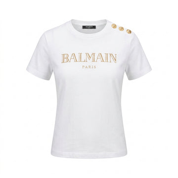Balmain T-shirt featuring gold buttons on shoulder available at Lestyle Boutique Melbourne
