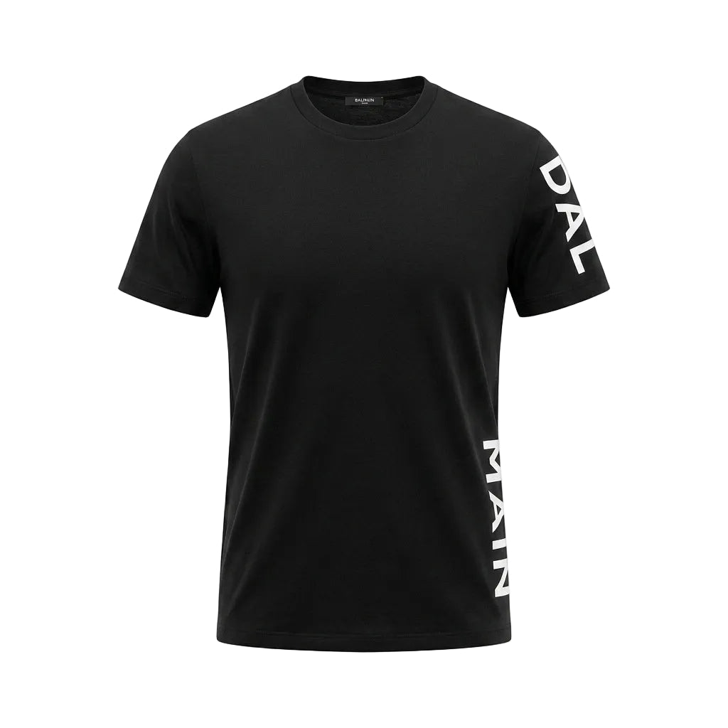 Balmain T-shirt featuring bold lettering on sleeves available at Lestyle Boutique Melbourne