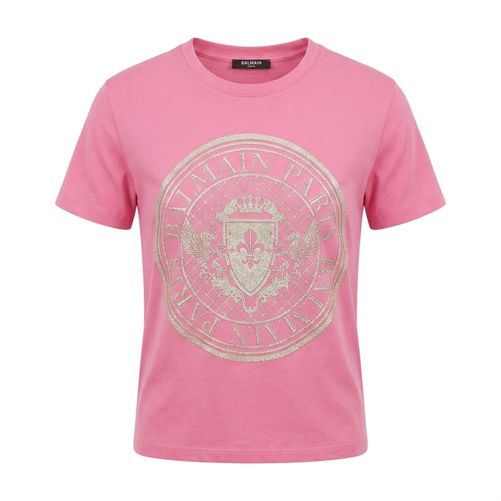 Balmain pink T-shirt featuring a sparkling logo print available at Lestyle Boutique Melbourne