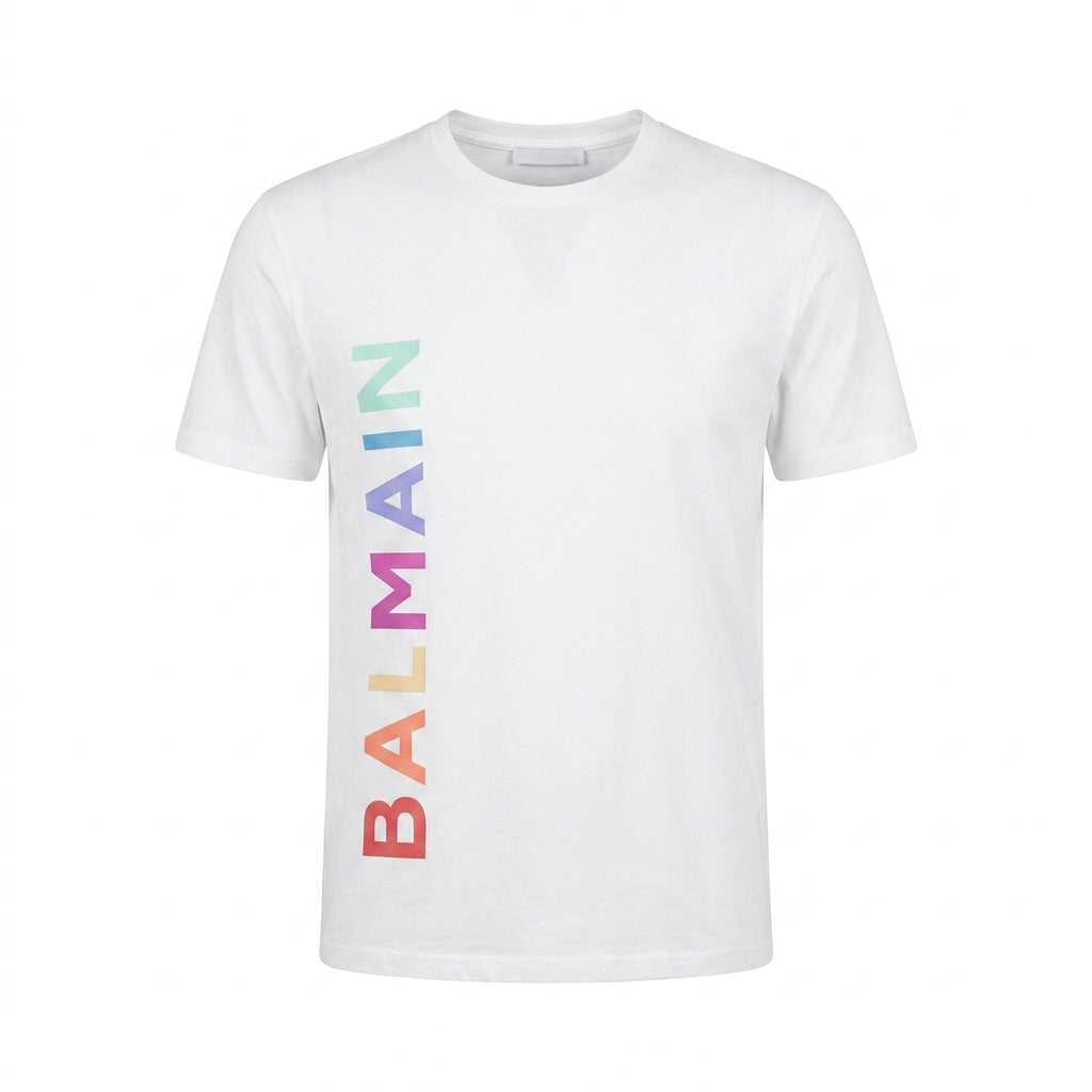 Balmain T-shirt featuring rainbow text available at Lestyle Boutique Melbourne