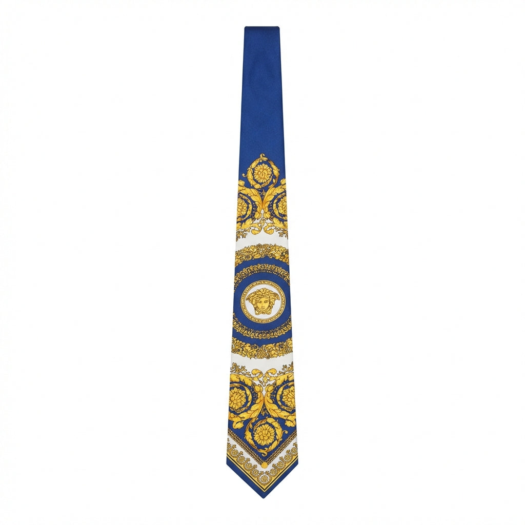 Versace tie featuring intricate gold and blue ornamentation available at Lestyle Boutique Melbourne