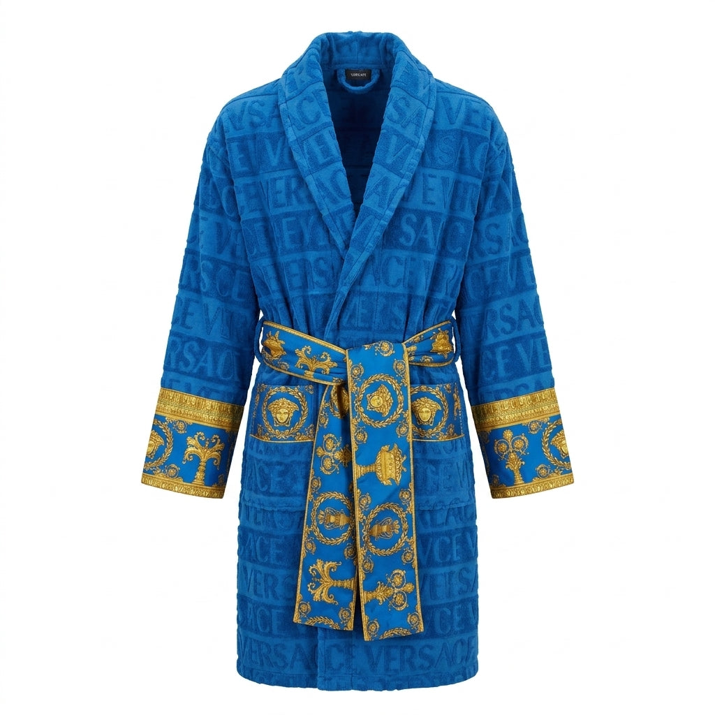 Versace bathrobe featuring royal blue and gold design available at Lestyle Boutique Melbourne