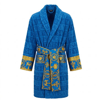 Versace bathrobe featuring royal blue and gold design available at Lestyle Boutique Melbourne