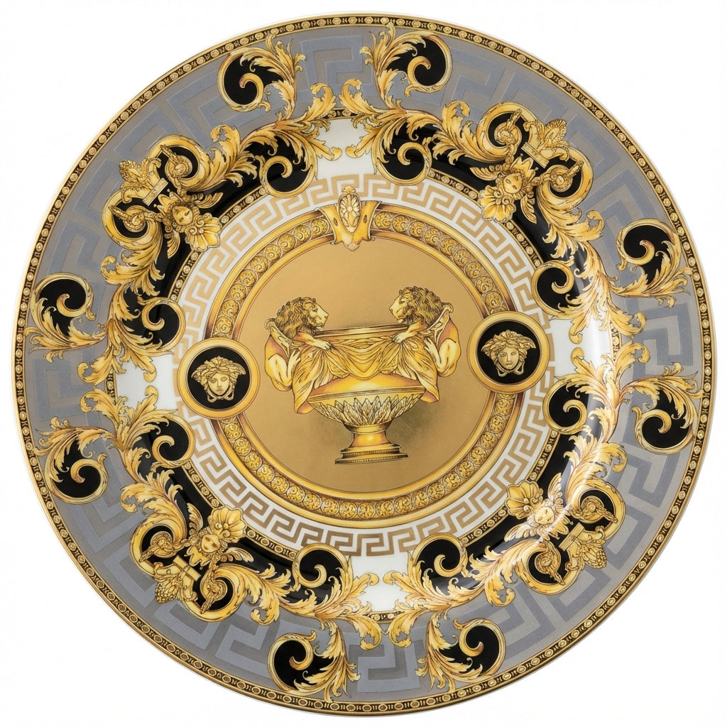 Versace 33cm plate featuring gold and black ornate design available at Lestyle Boutique Melbourne