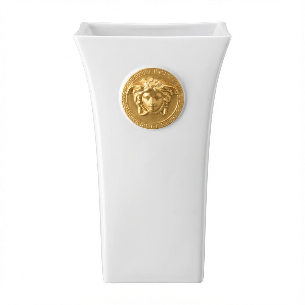 Versace Medusa Madness white vase featuring gold Medusa emblem available at Lestyle Boutique Melbourne
