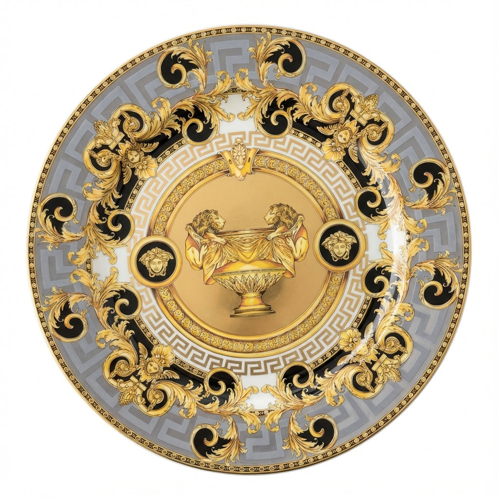 Versace 30cm plate featuring gold and black ornate design available at Lestyle Boutique Melbourne