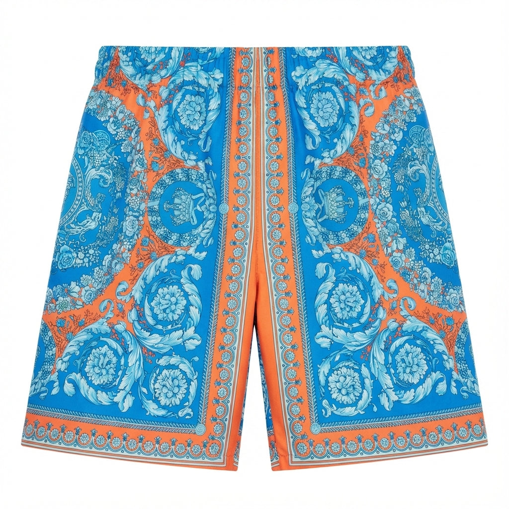 Versace shorts featuring intricate blue and orange baroque pattern available at Lestyle Boutique Melbourne
